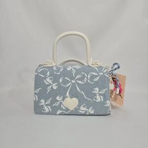 Betsey Johnson Denim and White Small Crossbody with Bows and a heart NWT